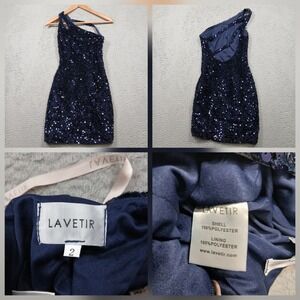 Lavetir One Shoulder Sequin Dress‎ Womens 2 Navy Blue Cocktail Party